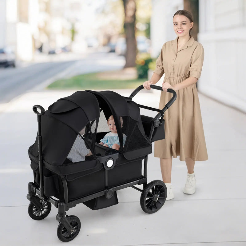 2 Seater Push Pull Collapsible Kids Wagon Stroller with Adjustable Handlebars by DirectDeals