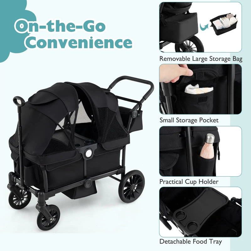 2 Seater Push Pull Collapsible Kids Wagon Stroller with Adjustable Handlebars by DirectDeals
