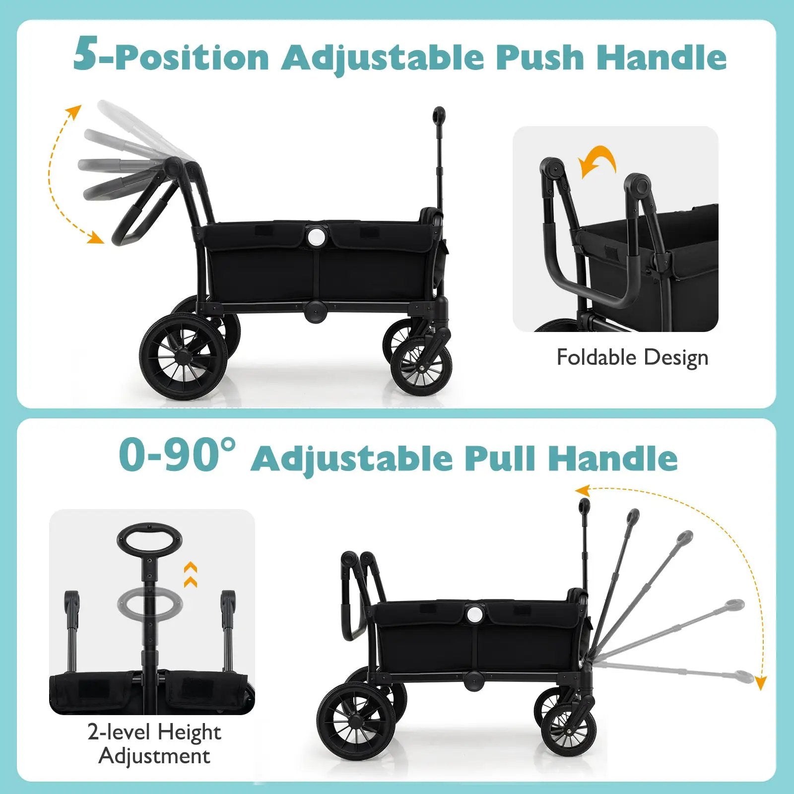 2 Seater Push Pull Collapsible Kids Wagon Stroller with Adjustable Handlebars by DirectDeals