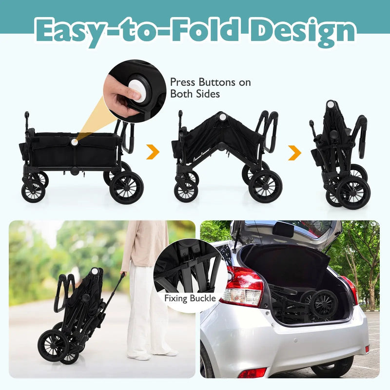2 Seater Push Pull Collapsible Kids Wagon Stroller with Adjustable Handlebars by DirectDeals