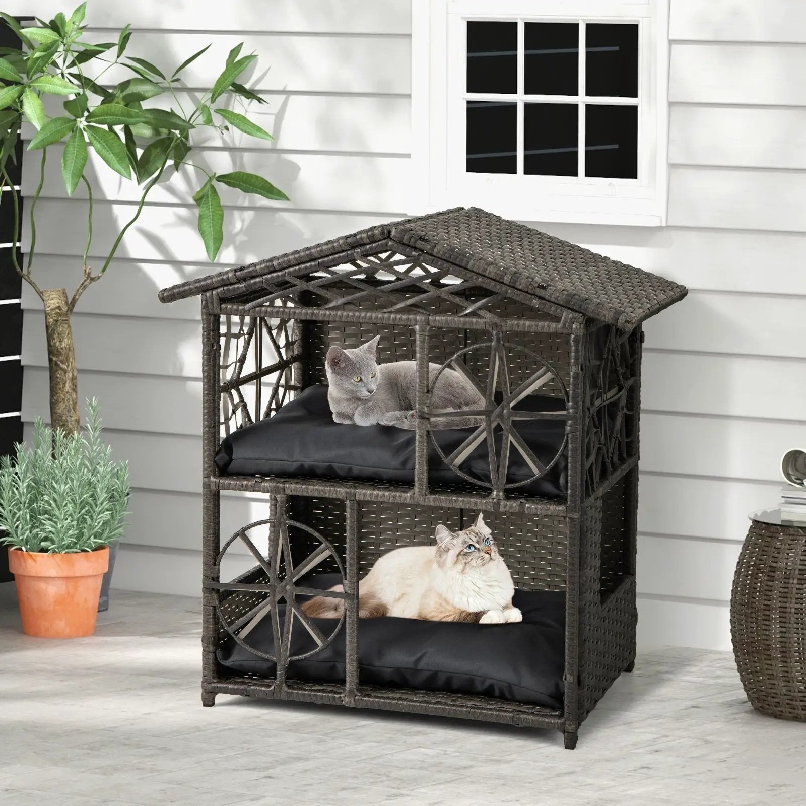 2-storey Wicker Cat House Rattan Kitten Condo Enclosure with Removable Cushions-Gray by DirectDeals