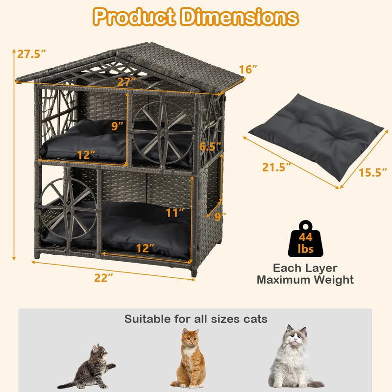 2-storey Wicker Cat House Rattan Kitten Condo Enclosure with Removable Cushions-Gray by DirectDeals