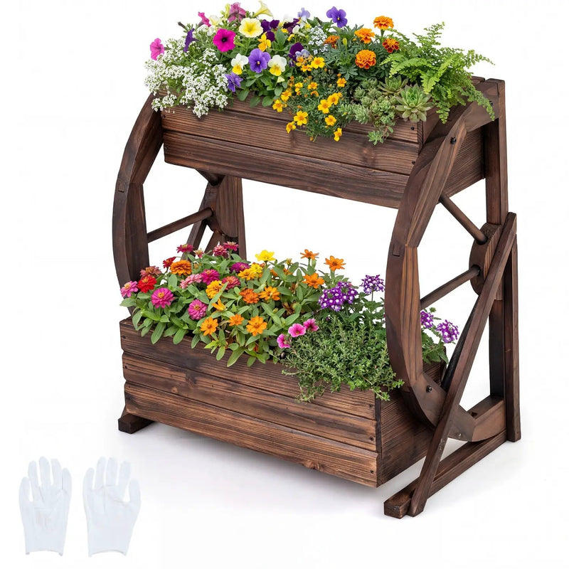 2-tier Raised Garden Bed Rustic Wood Wagon Planter with Drainage Holes and Semi-wheels-Coffee by DirectDeals