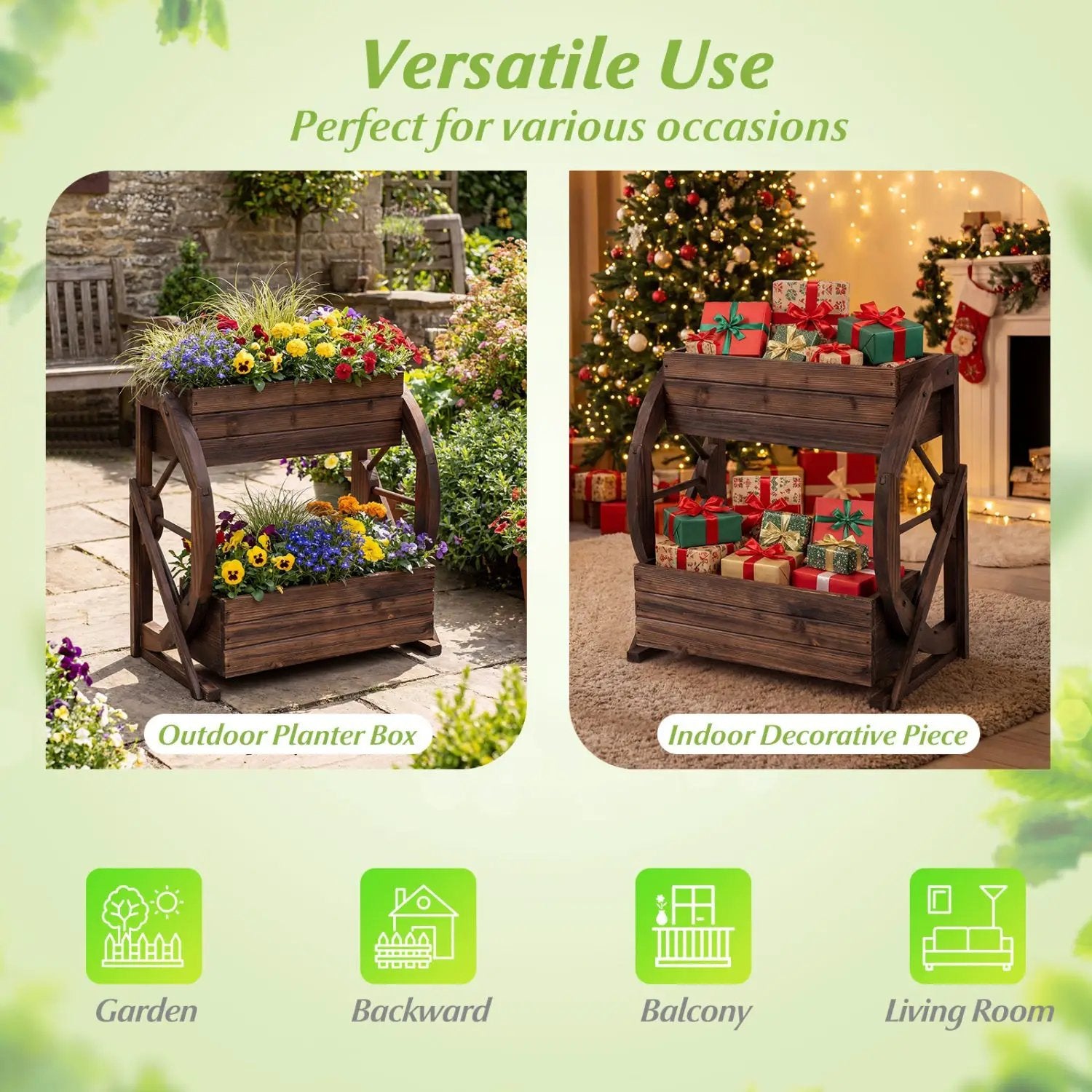 2-tier Raised Garden Bed Rustic Wood Wagon Planter with Drainage Holes and Semi-wheels-Coffee by DirectDeals