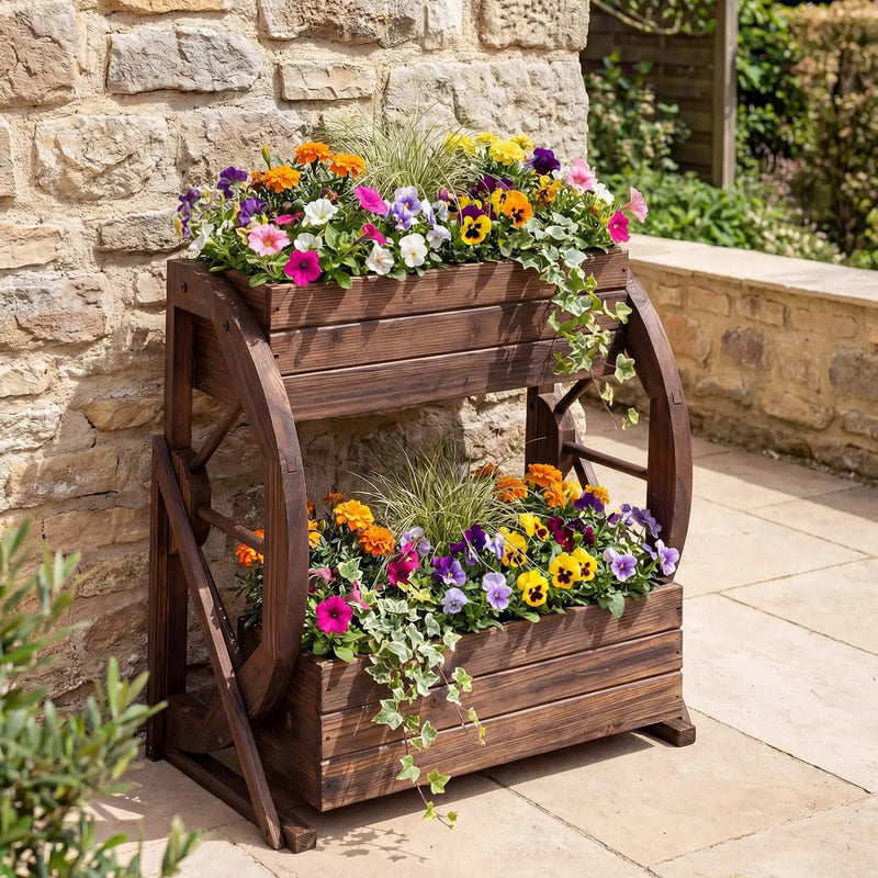 2-tier Raised Garden Bed Rustic Wood Wagon Planter with Drainage Holes and Semi-wheels-Coffee by DirectDeals