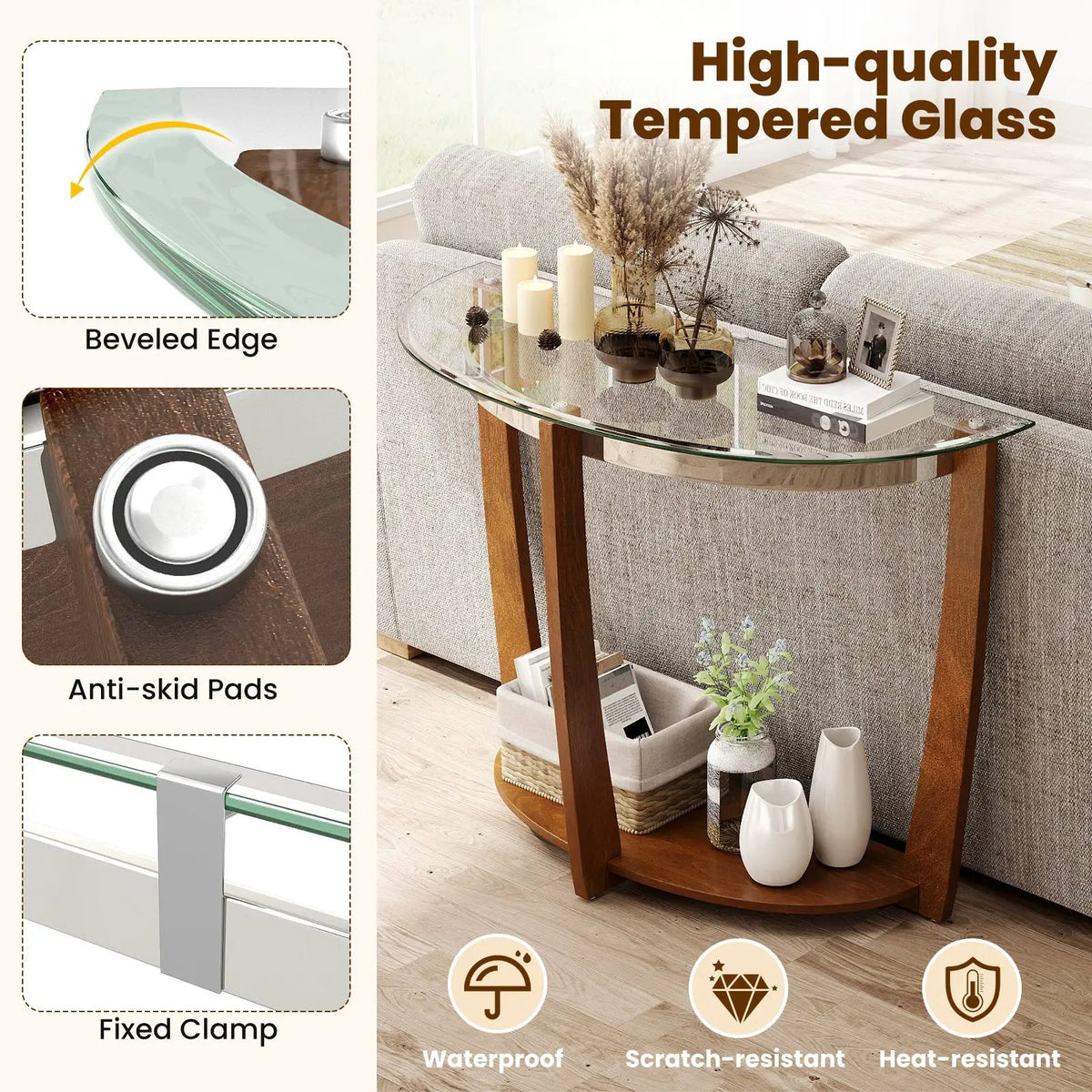 2-tier Tempered Glass Console Table with Clear Glass Top and Open Shelf by DirectDeals