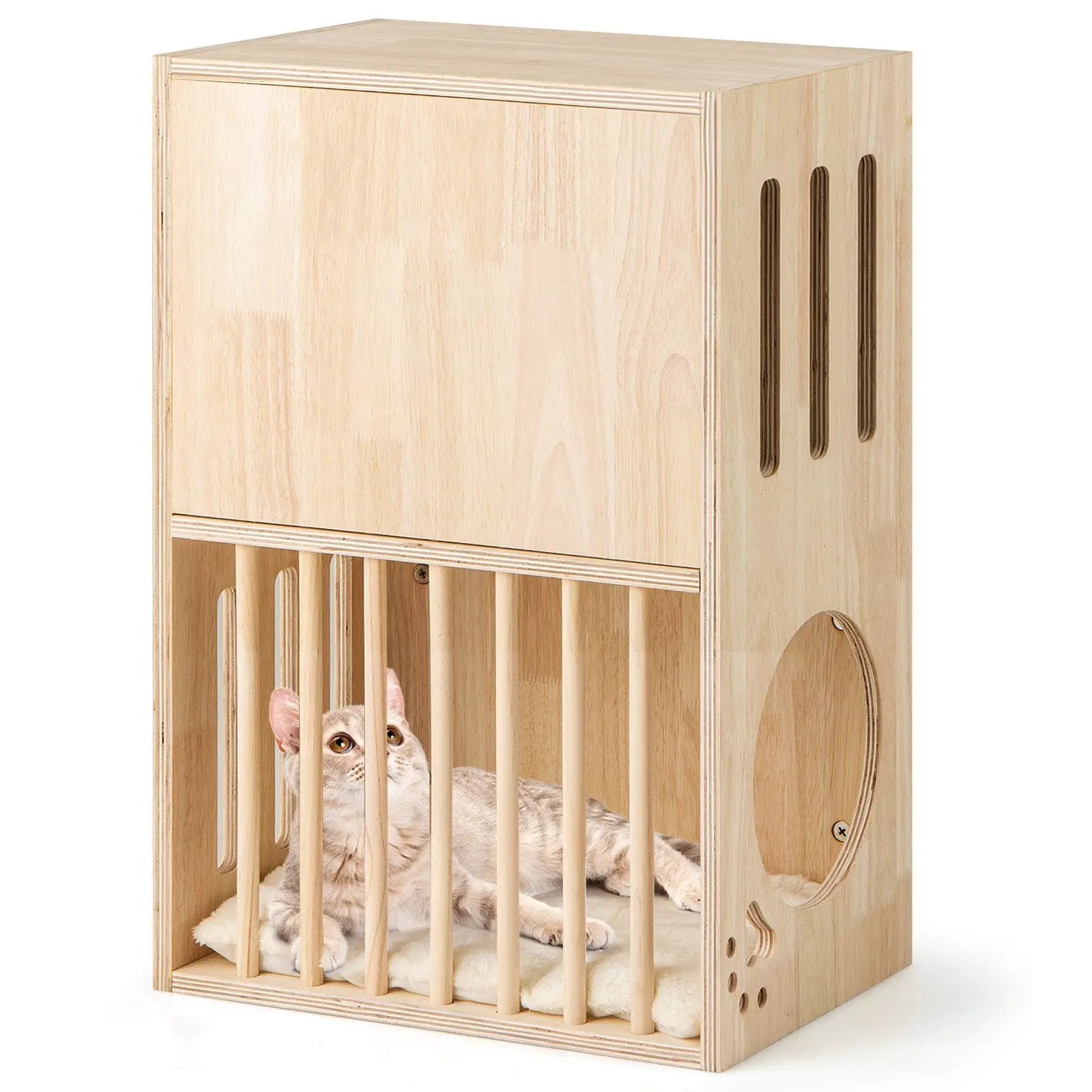 2-tier Wooden Cat Condo Indoor Symmetrical Cat House with Removable Cushions by DirectDeals