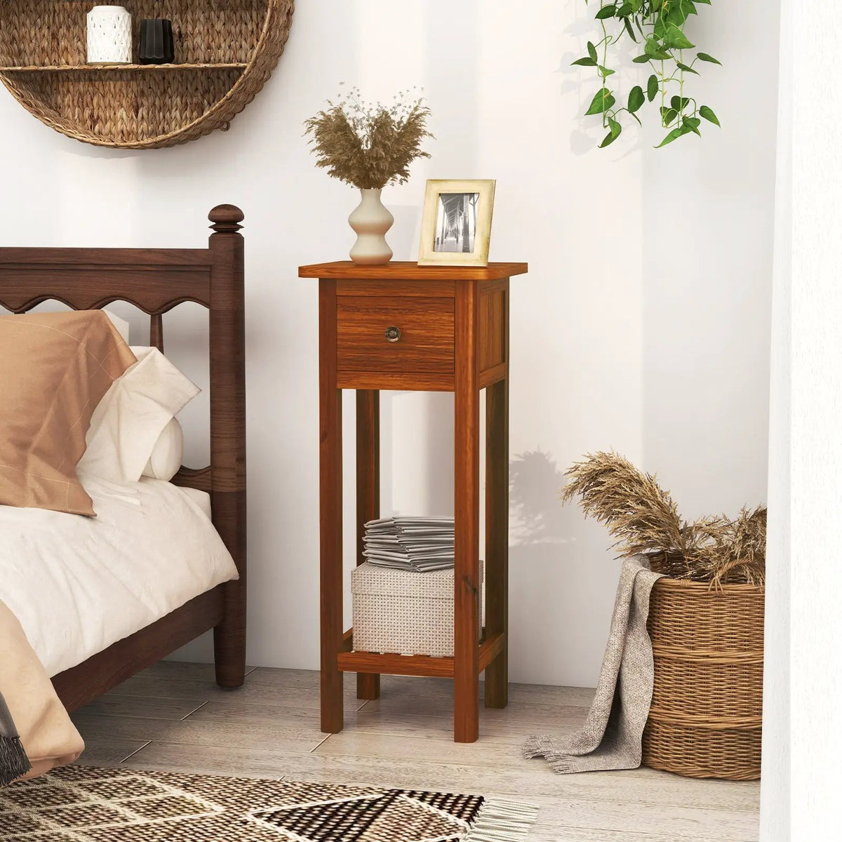 2 Tier Slim Nightstand Bedside Table with Drawer Shelf, photo 2 of 11