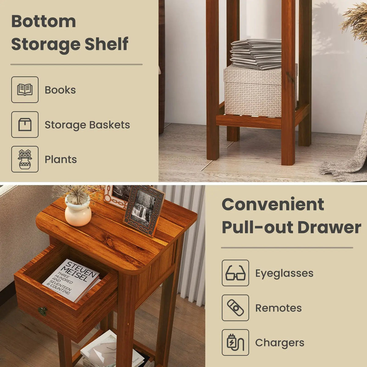 2 Tier Slim Nightstand Bedside Table with Drawer Shelf, photo 8 of 11