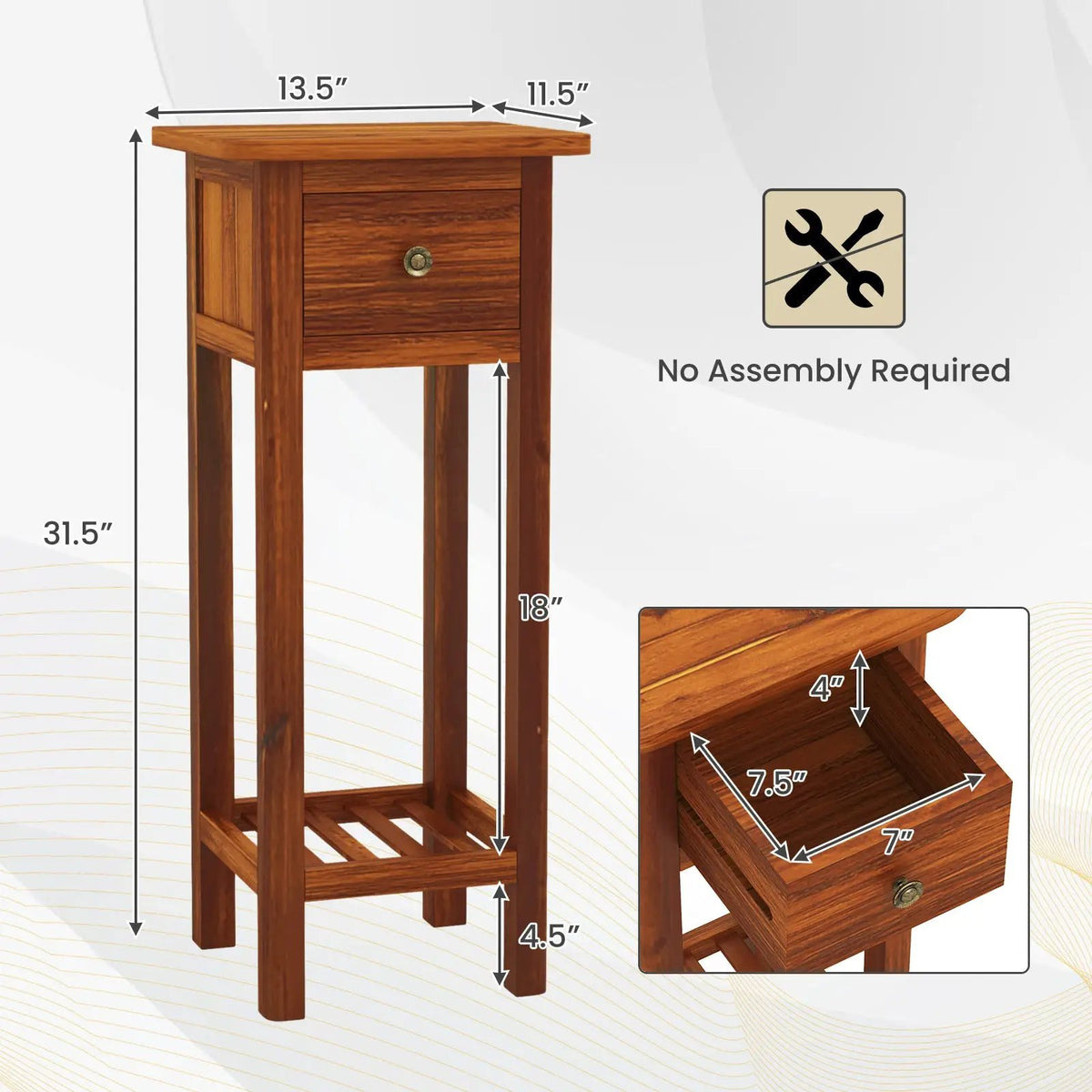 2 Tier Slim Nightstand Bedside Table with Drawer Shelf, photo 5 of 11