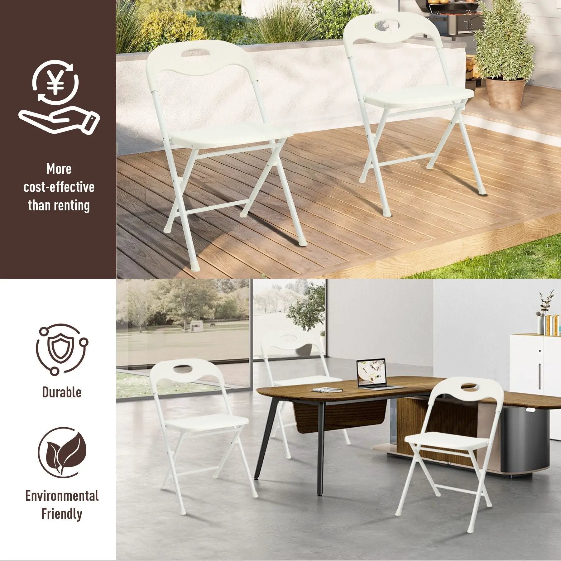 Folding Chairs, Stackable & Waterproof (Set of 4) - White