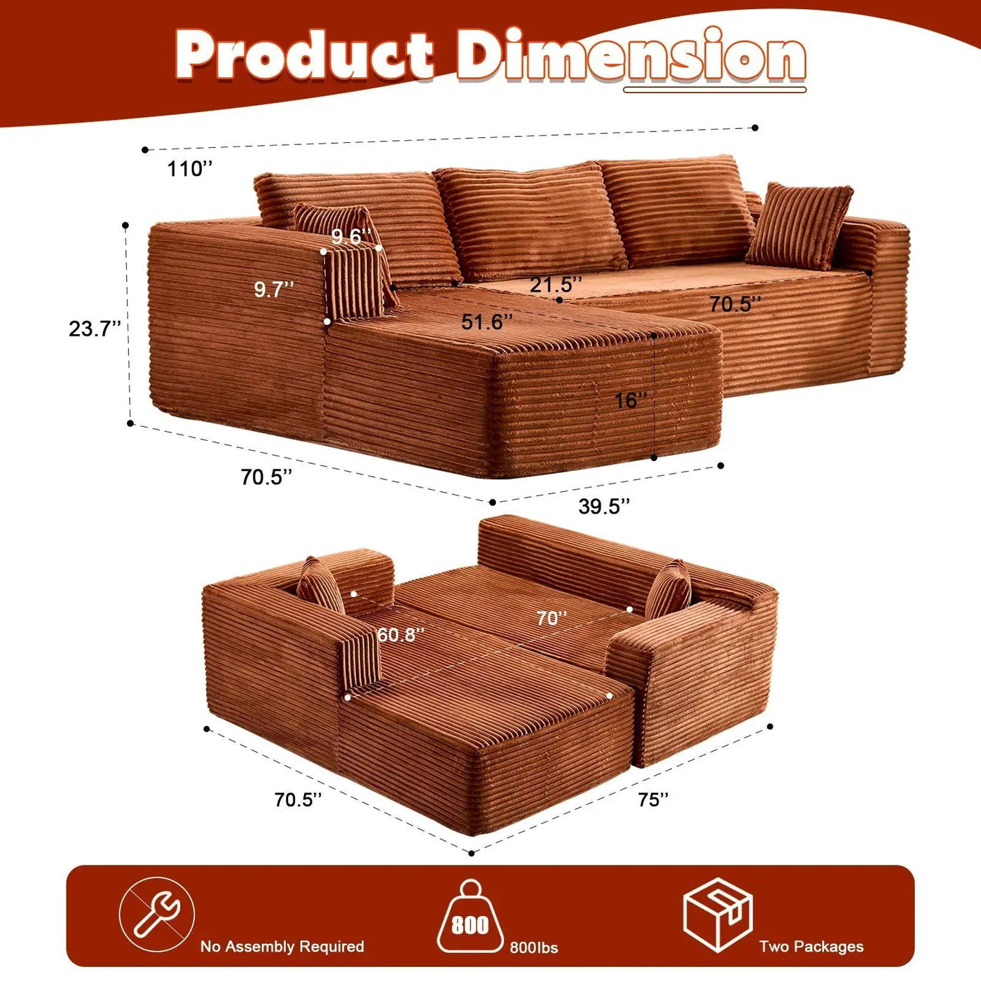 Compression Sectional Couch With Comfy Chaise, Boneless L Shape Sofa With Deep Seat by HouseOfZazla