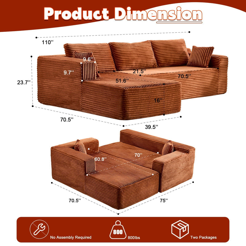 Compression Sectional Couch With Comfy Chaise, Boneless L Shape Sofa With Deep Seat by HouseOfZazla