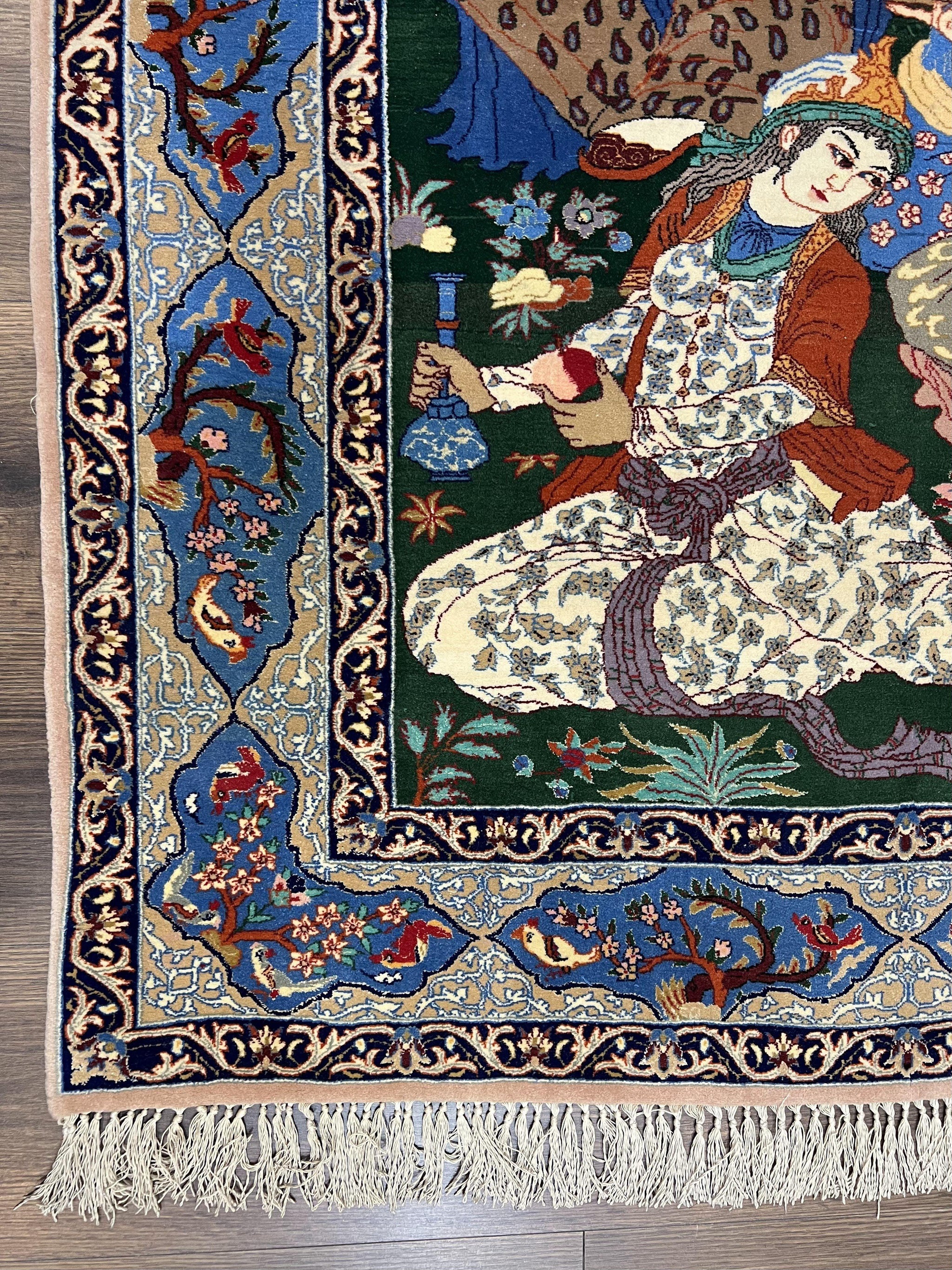 Fine Persian Isfahan Pictorial Rug 3.7 x 5, Kork Wool on Silk Foundation, Blue Persian Carpet, Hand Knotted, Humans Birds, High KPSI, Semi Antique by Jewel Rugs