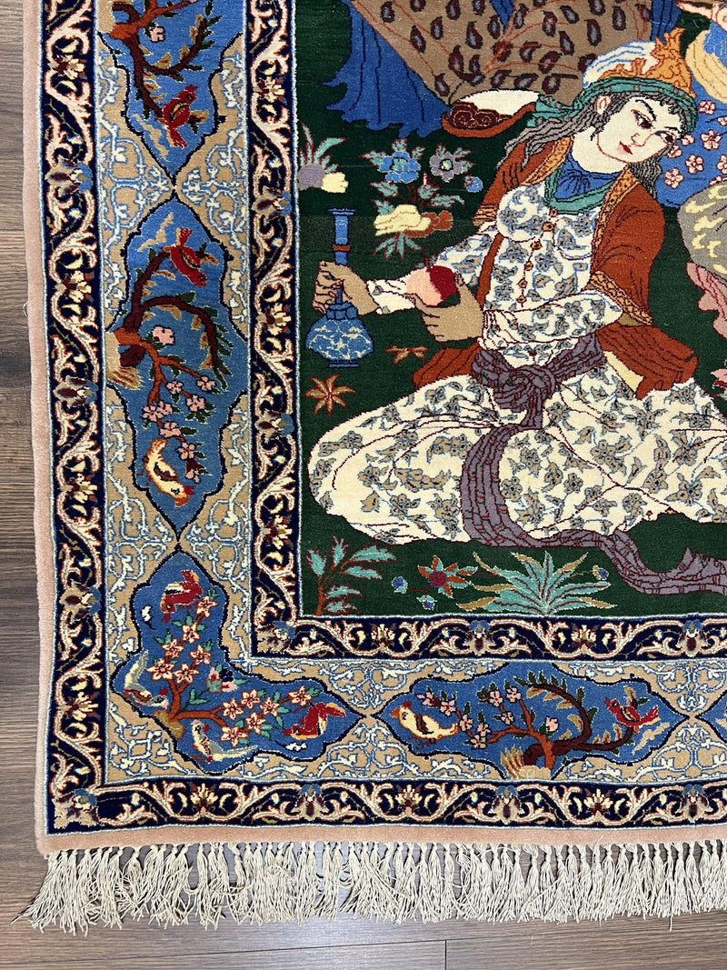 Fine Persian Isfahan Pictorial Rug 3.7 x 5, Kork Wool on Silk Foundation, Blue Persian Carpet, Hand Knotted, Humans Birds, High KPSI, Semi Antique by Jewel Rugs