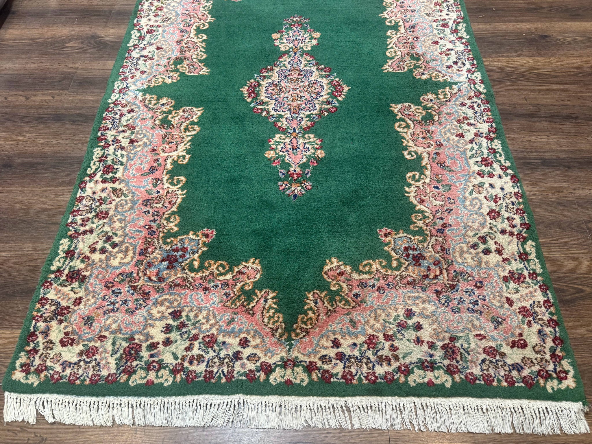 Green Persian Kerman Rug 4x6, Semi Open Field, Green & Cream, Vintage by Jewel Rugs