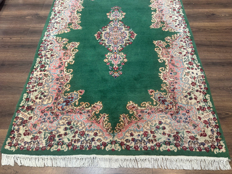 Green Persian Kerman Rug 4x6, Semi Open Field, Green & Cream, Vintage by Jewel Rugs