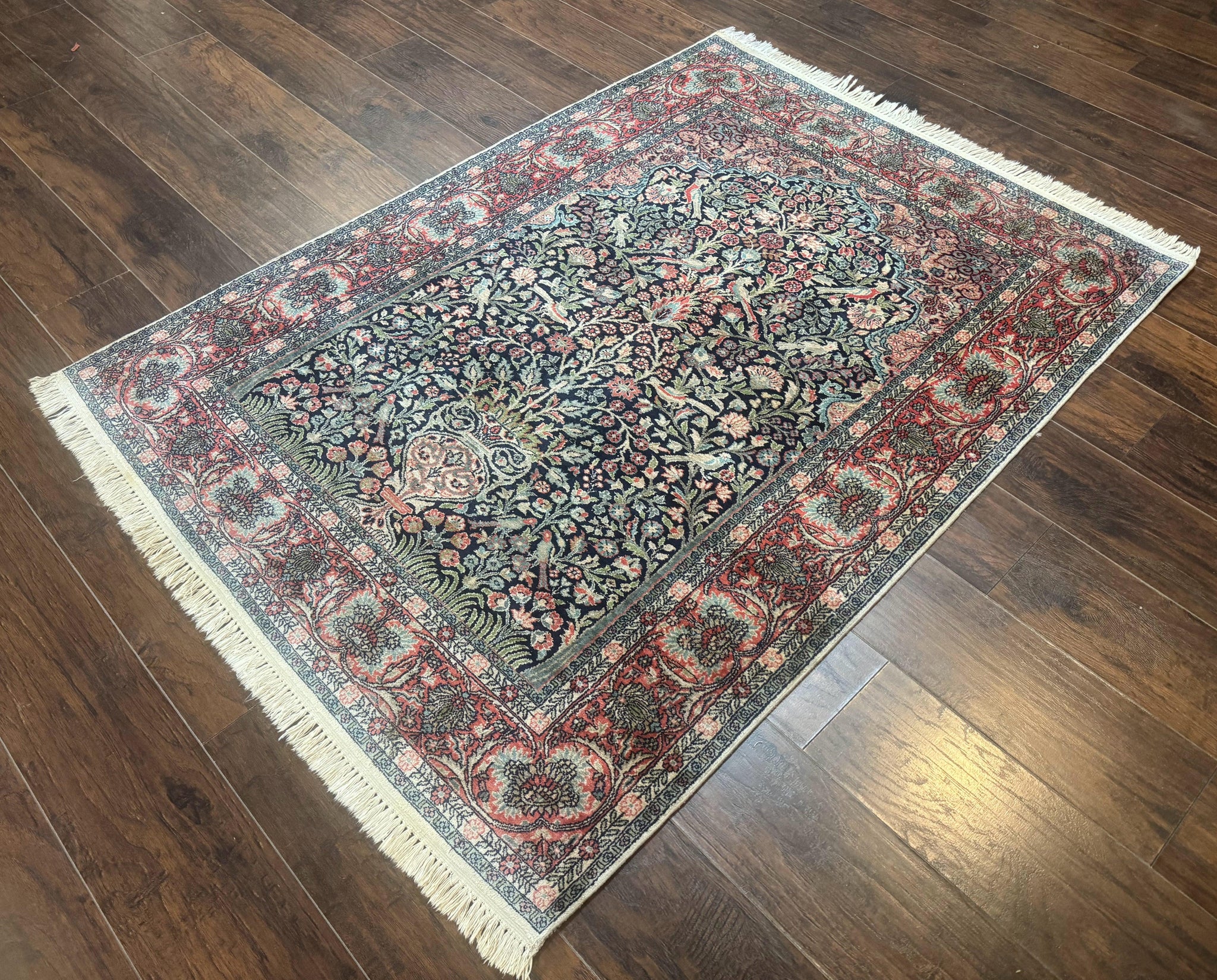 Silk Indian Kashmiri Rug 4x6, Tree of Life Pattern, Birds, Fine 290 KPSI, Navy Blue and Red, Handmade Oriental Carpet by Jewel Rugs