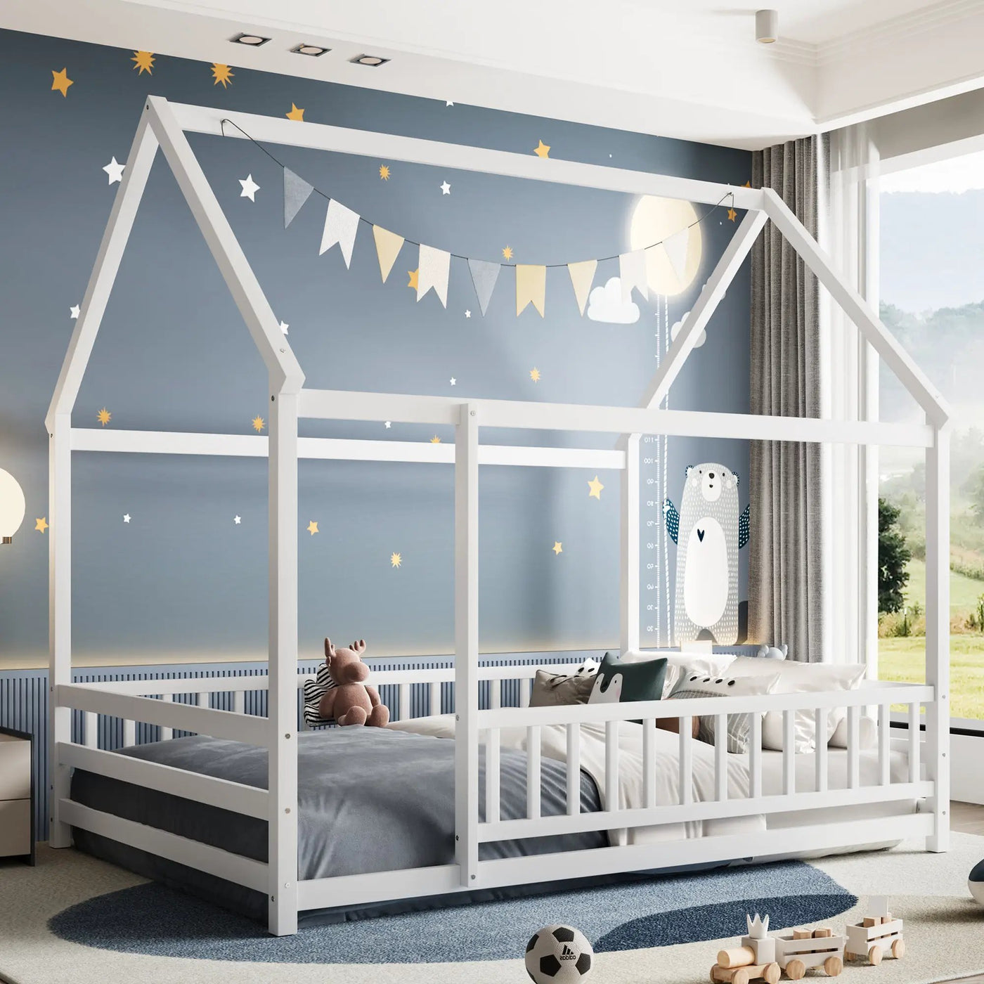 Full Size Floor Wooden Bed with House Roof Frame by HouseOfZazla