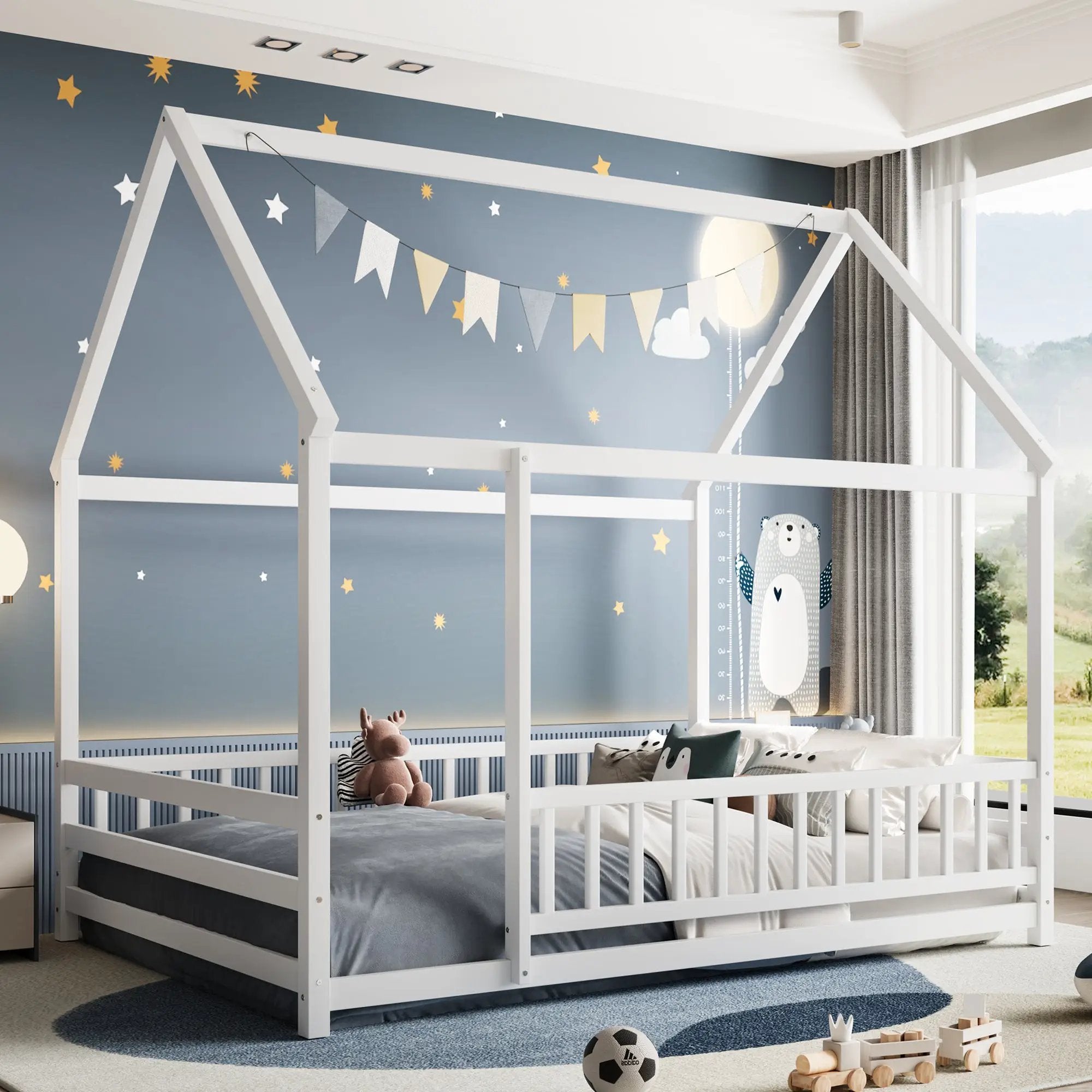 Full Size Floor Wooden Bed with House Roof Frame by HouseOfZazla