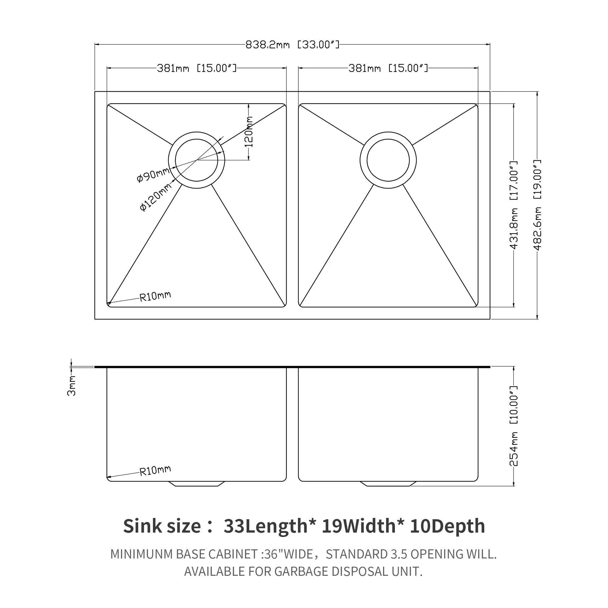 Double Bowl Undermount Kitchen Sink 16 Gauge 33" x 19" with Dual 10" Deep Basins - Gunmetal Black by HouseOfZazla
