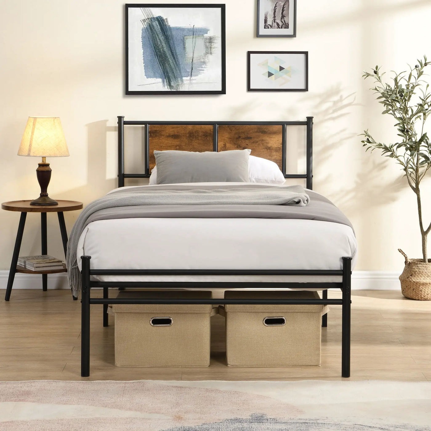 ModerMetal Bedframe With Wood Panel Headboard by Unique Piece Furniture