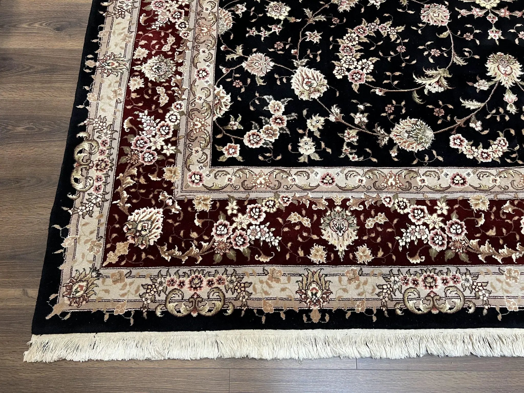 Sino Persian Rug 9x12, High Quality Oriental Carpet, Black and Maroon, Wool and Silk, Allover Floral Pattern, Hand Knotted, Vintage Rug Nice by Jewel Rugs