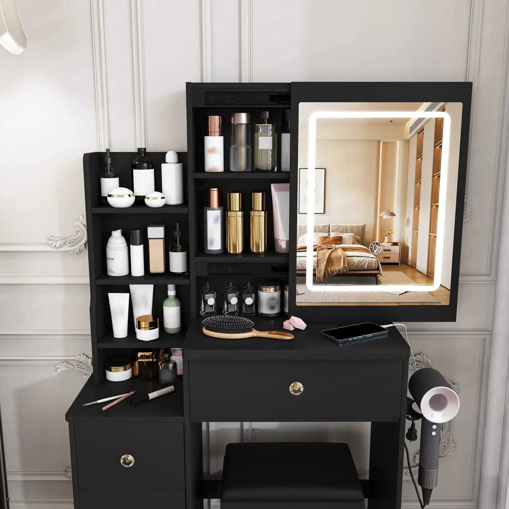 Vanity Desk With 3 LED Lighting Modes, 4 Drawers, Open Shelves, Hair Dryer Holder & Power Socket Dressing Table Set With Chair - Black by HouseOfZazla