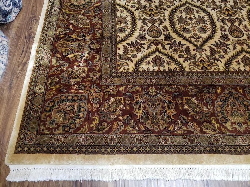 Vintage Indo Persian Area Rug 9x12, Wool Hand-Knotted Ivory & Dark Red Oriental Carpet, Fine Weave 9 x 12 Indian Rug, Dining Room Rug by Jewel Rugs
