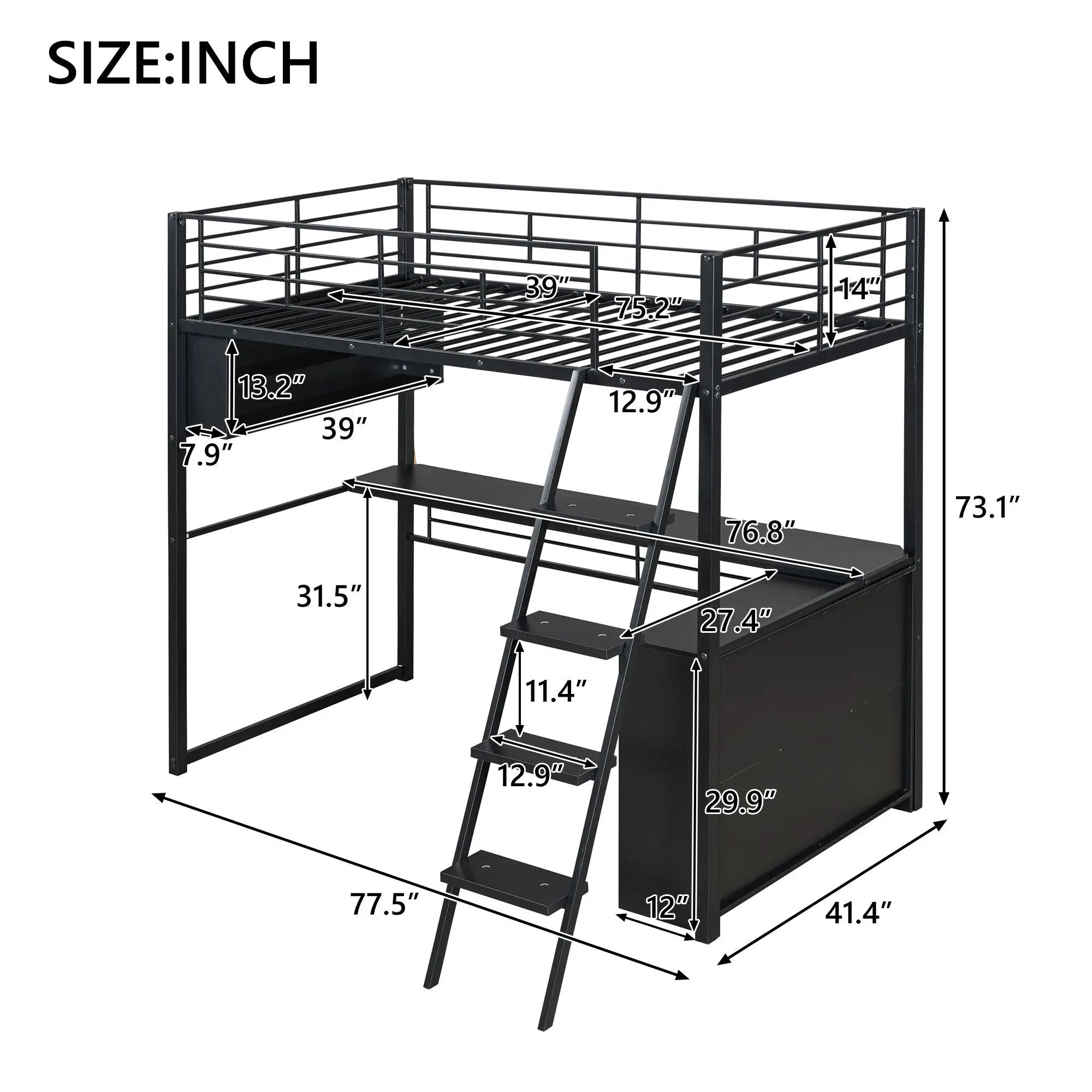 Loft Bed With LED Desk And 4 Storage Shelves