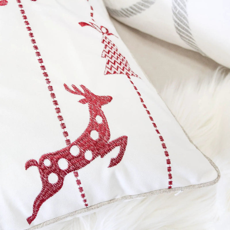 Christmas Throw Pillow With Embroidered Reindeer And Snowflakes - White by Unique Piece Furniture