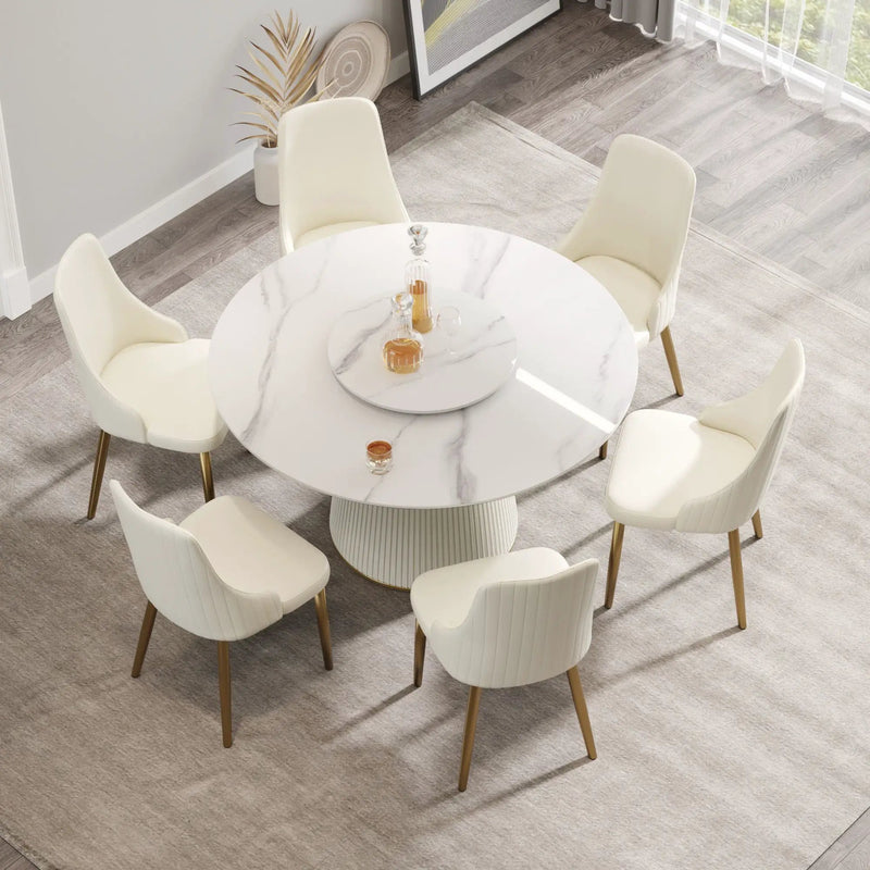 Modern Artificial Stone Round Plywood Base Dining Table, Can Accommodate 6 People, Artificial Stone Turntable (Not Including Chairs) - White / Beige by Unique Piece Furniture