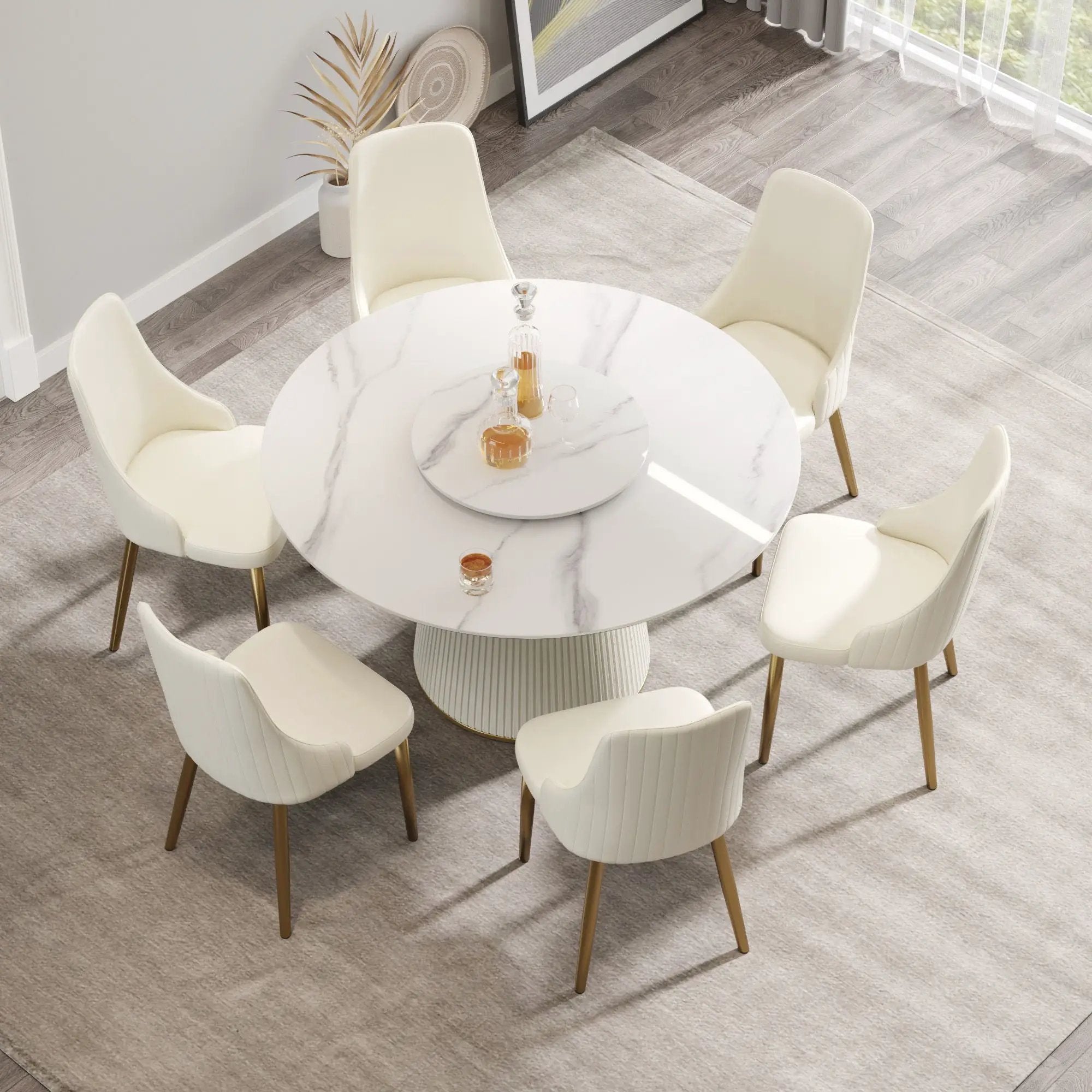 Modern Artificial Stone Round Plywood Base Dining Table, Can Accommodate 6 People, Artificial Stone Turntable (Not Including Chairs) - White / Beige by HouseOfZazla