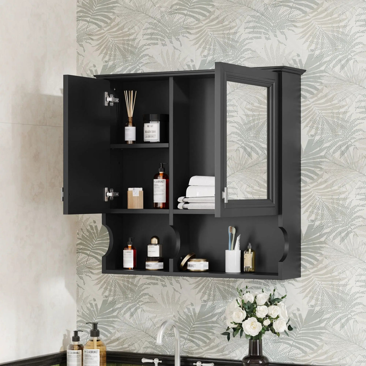 Wall Mounted Mirror Medicine Cabinet, Bathroom Storage With Doors And Open Shelves by Unique Piece Furniture