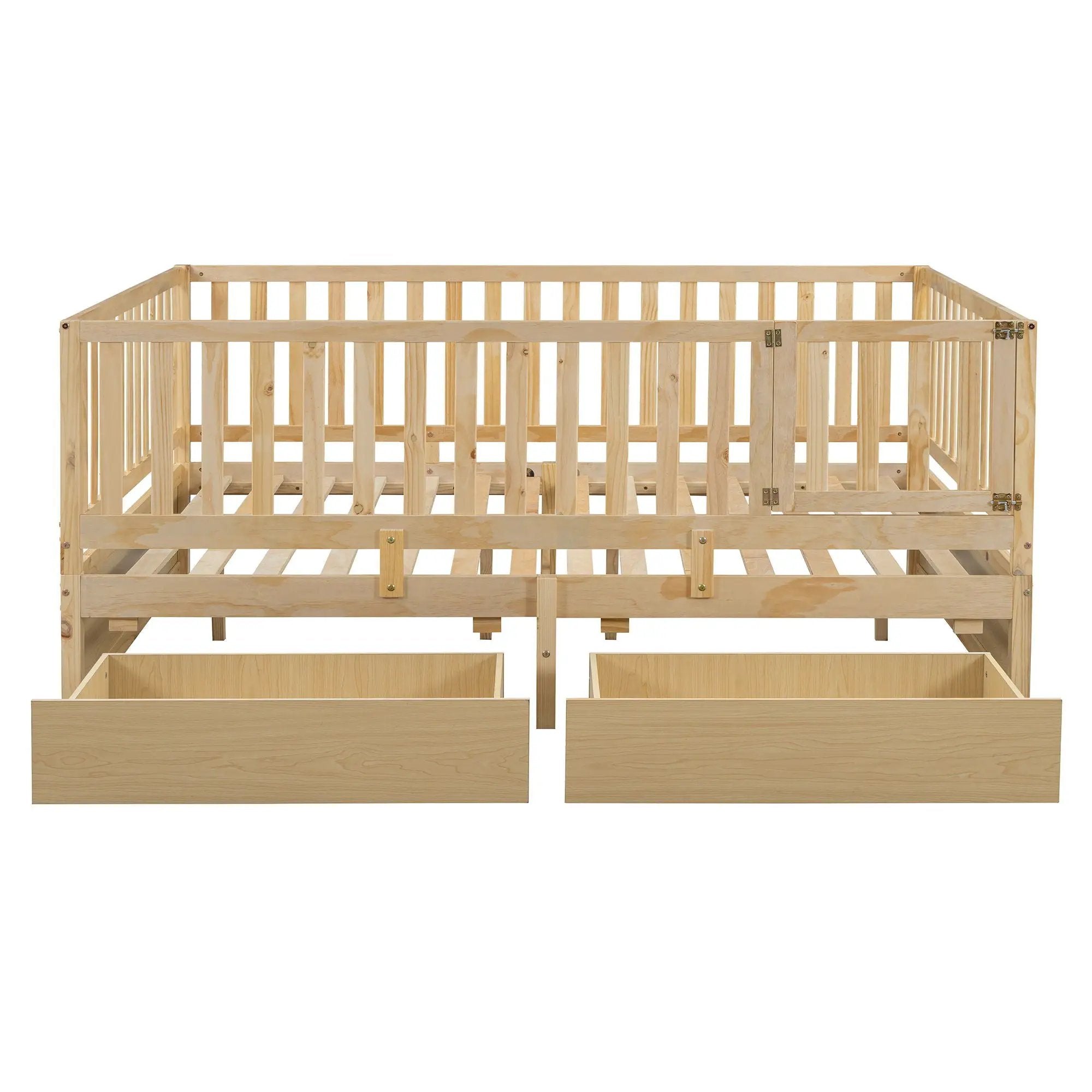 Daybed With Fence Guardrails And 2 Drawers, Split Into Independent Floor Bed & Daybed by HouseOfZazla