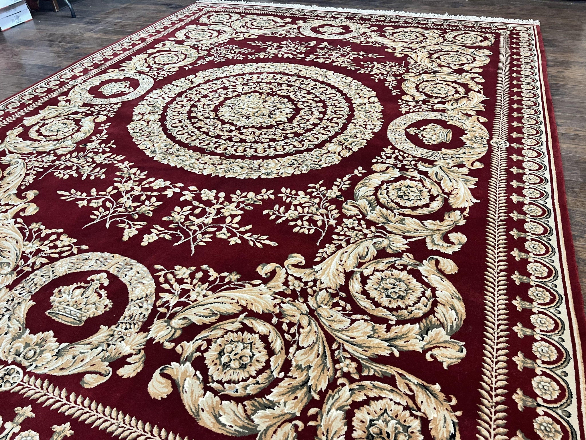 Aubusson Rug 9x12, Wool Handmade Carpet, Elegant French European Design, Dark Maroon Red, 9 x 12 Room Sized Rug, Finely Hand Knotted by Jewel Rugs
