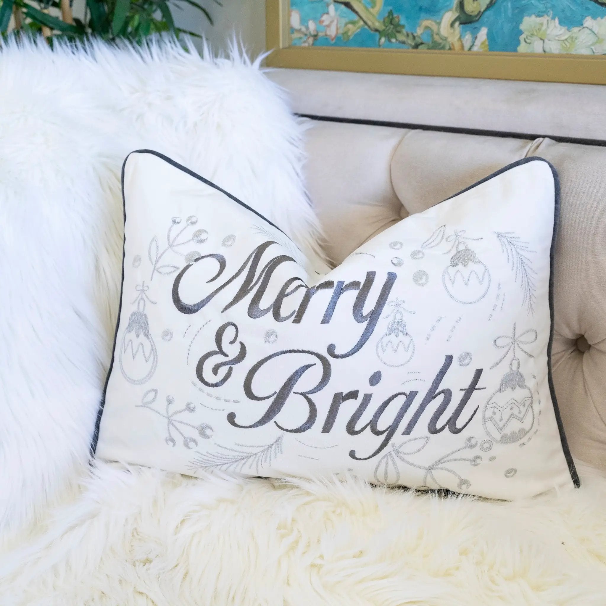 Merry & Bright Christmas Throw Pillow – 14x20 Velvet Lumbar Cushion by HouseOfZazla