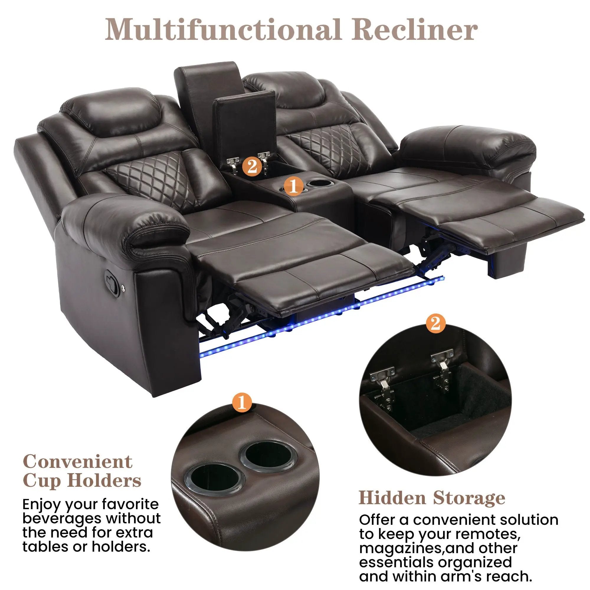 Home Theater Seating Manual Recliner Loveseat With Hide-Away Storage, Cup Holders And Led Light Strip For Living Room by HouseOfZazla