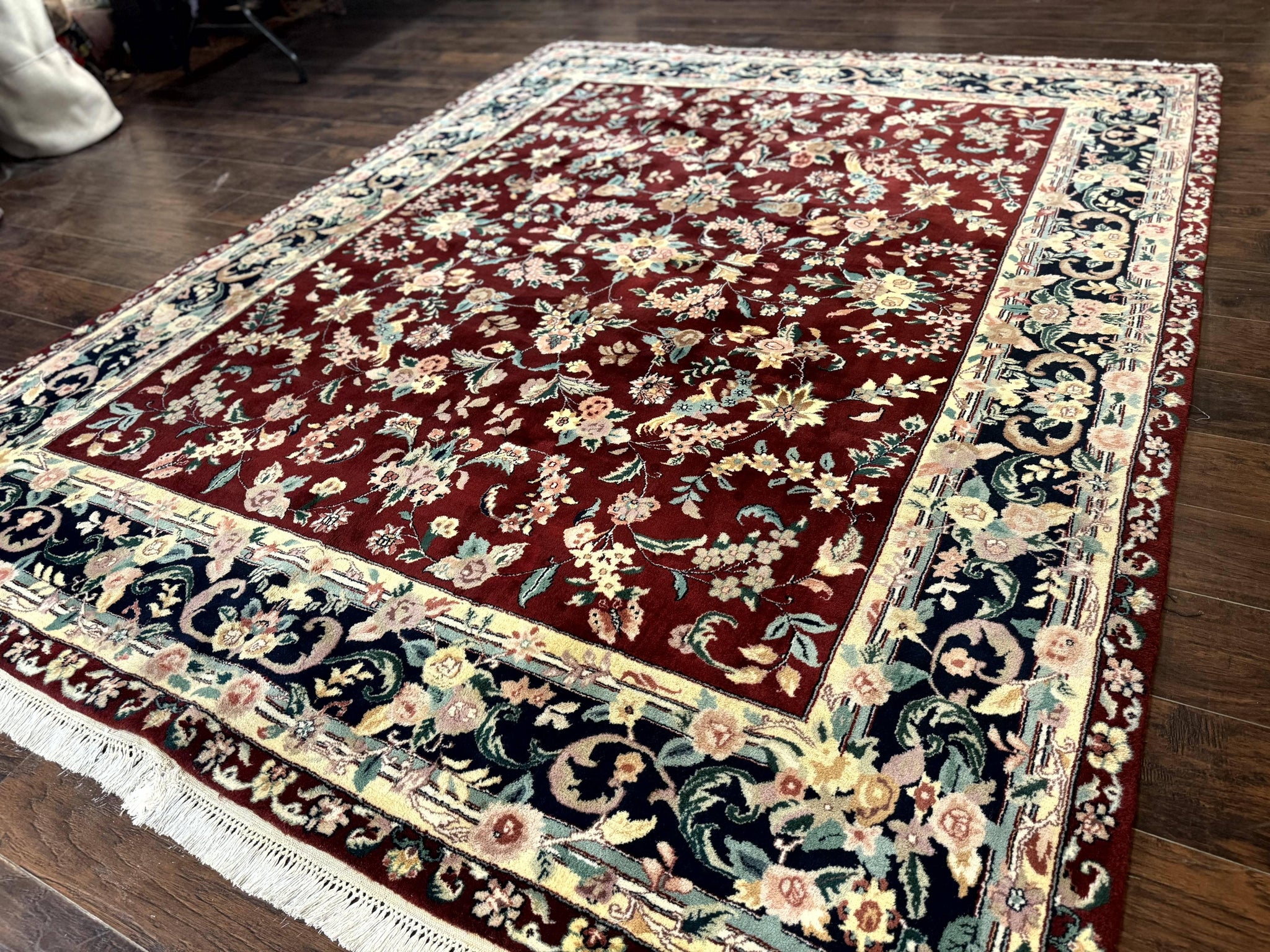 Indo Persian Rug 8x10, Floral Allover with Bird Pictorials, Maroon and Navy Blue, Handmade Wool Area Rug by Jewel Rugs