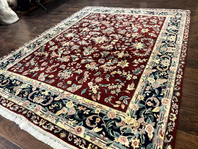 Indo Persian Rug 8x10, Floral Allover with Bird Pictorials, Maroon and Navy Blue, Handmade Wool Area Rug by Jewel Rugs