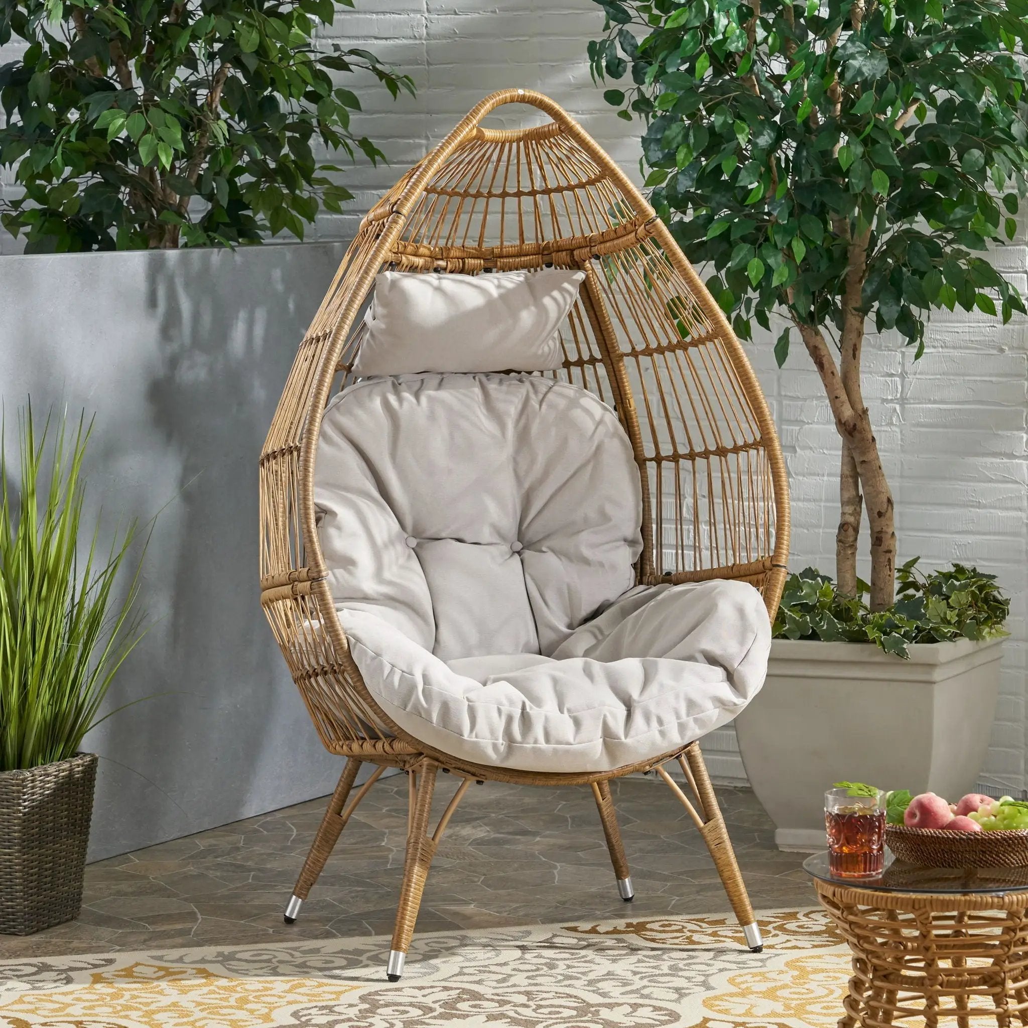 Basket Chair with Teardrop Shape and Water-Resistant Cushion - Natural by HouseOfZazla