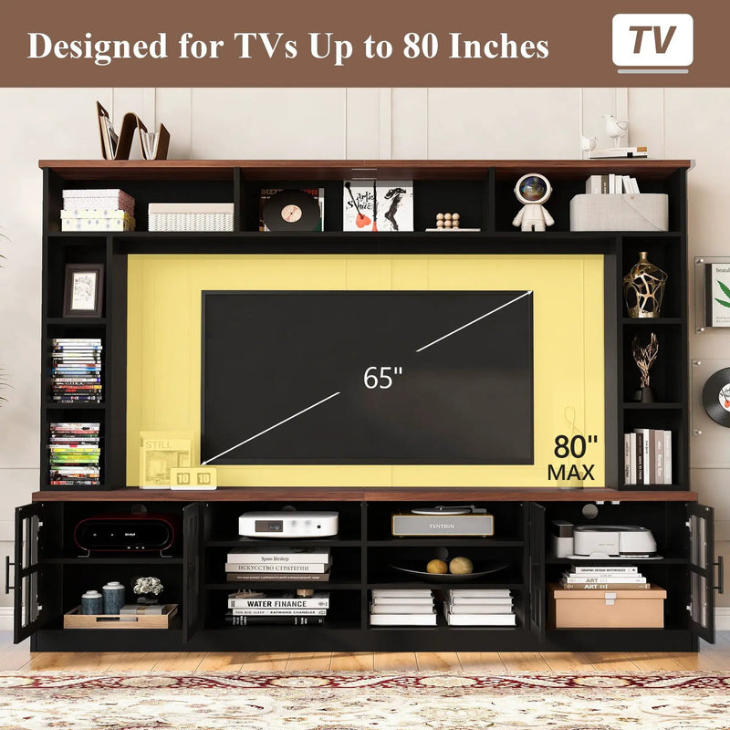 Wall Unit Entertainment Center With Bookshelves For TVs Up To 80", Tempered Glass Doors And Adjustable Shelves by HouseOfZazla