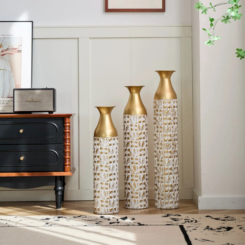Mother's Day Gift Set Gilded White 3D Relief Flower Metal Vase Set - White / Gold by HouseOfZazla