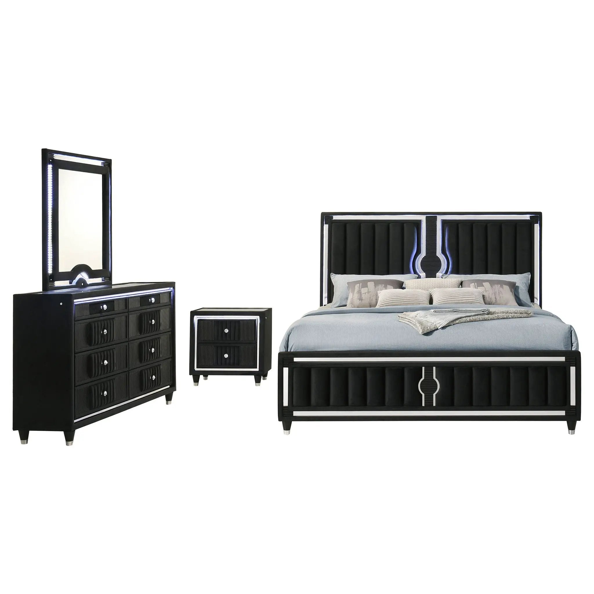 Ravenne 4-piece Velvet Upholstered California King LED Bedroom Set Black by Unique Piece Furniture