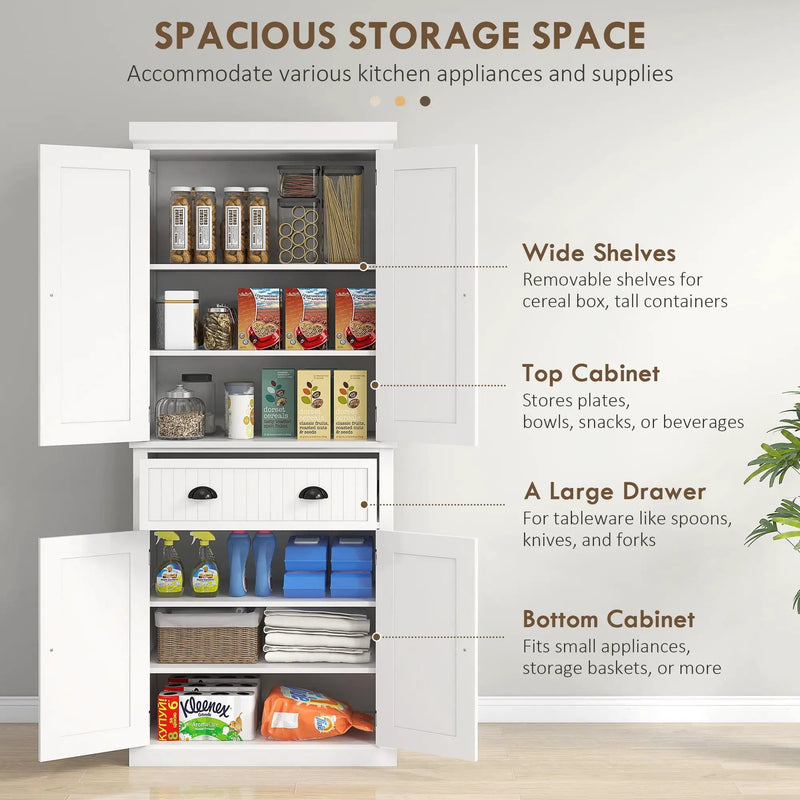Homcom - 72" Kitchen Pantry, Tall Storage Cabinet, Freestanding Cupboard With Drawer, Doors And Adjustable Shelves - White by Unique Piece Furniture