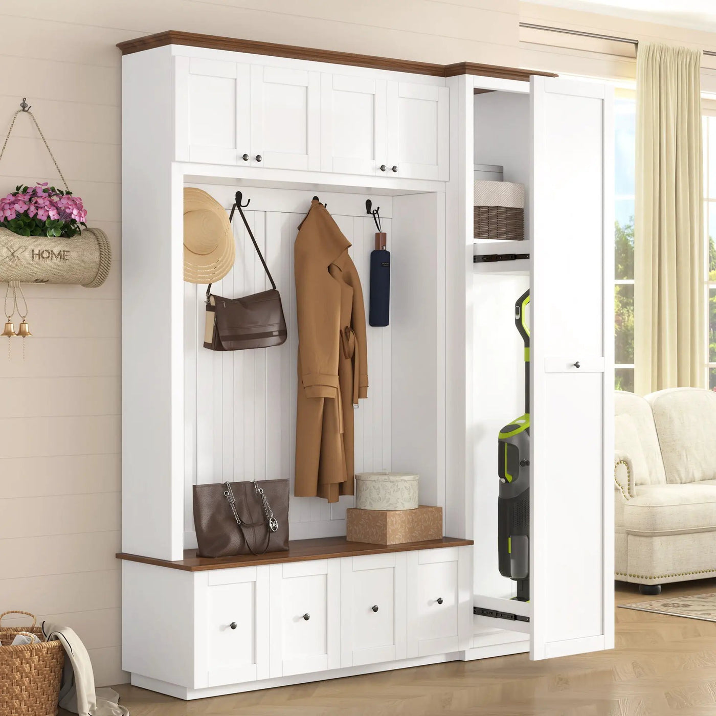 Entryway Hall Tree With Storage Bench, Coat Rack Shoe Bench With Cabinets by HouseOfZazla