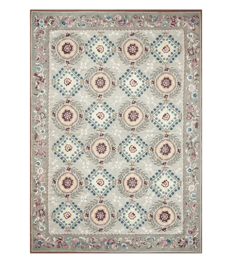 9x13 Needlepoint Carpet, French Design Rug, Hand-Knotted, Brand New Needlepoint Rug 9 x 13, English French European Style, Beige Floral by Jewel Rugs