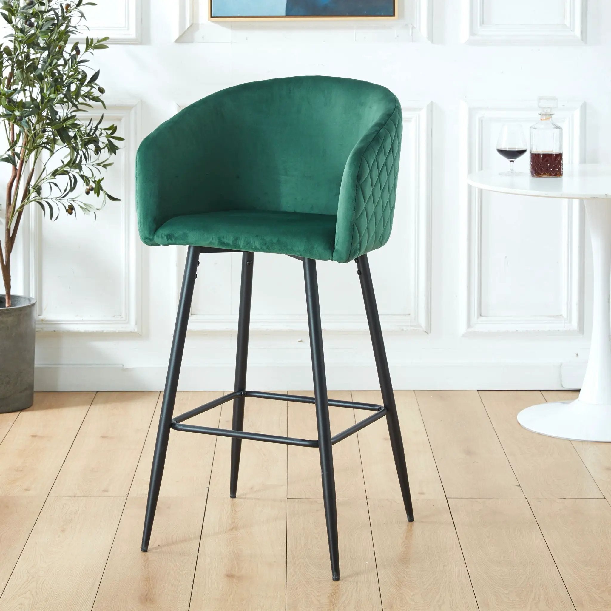 Counter Height Bar Stool, Metal Legs, Velvet Upholstered For Pub, Restaurant, Kitchen Island (Set of 2) - Black / Green by Unique Piece Furniture