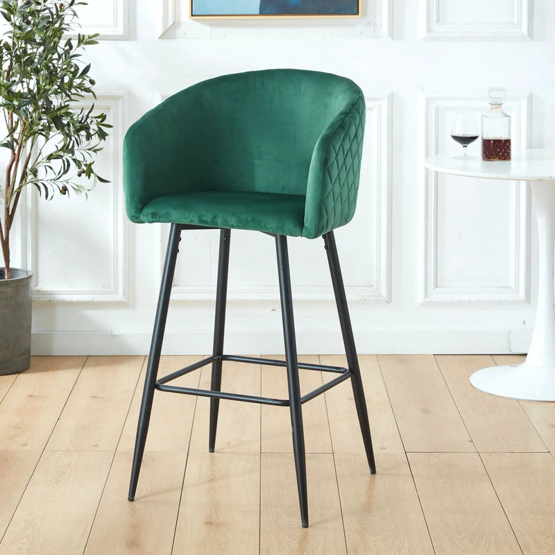 Counter Height Bar Stool, Metal Legs, Velvet Upholstered For Pub, Restaurant, Kitchen Island (Set of 2) - Black / Green by HouseOfZazla