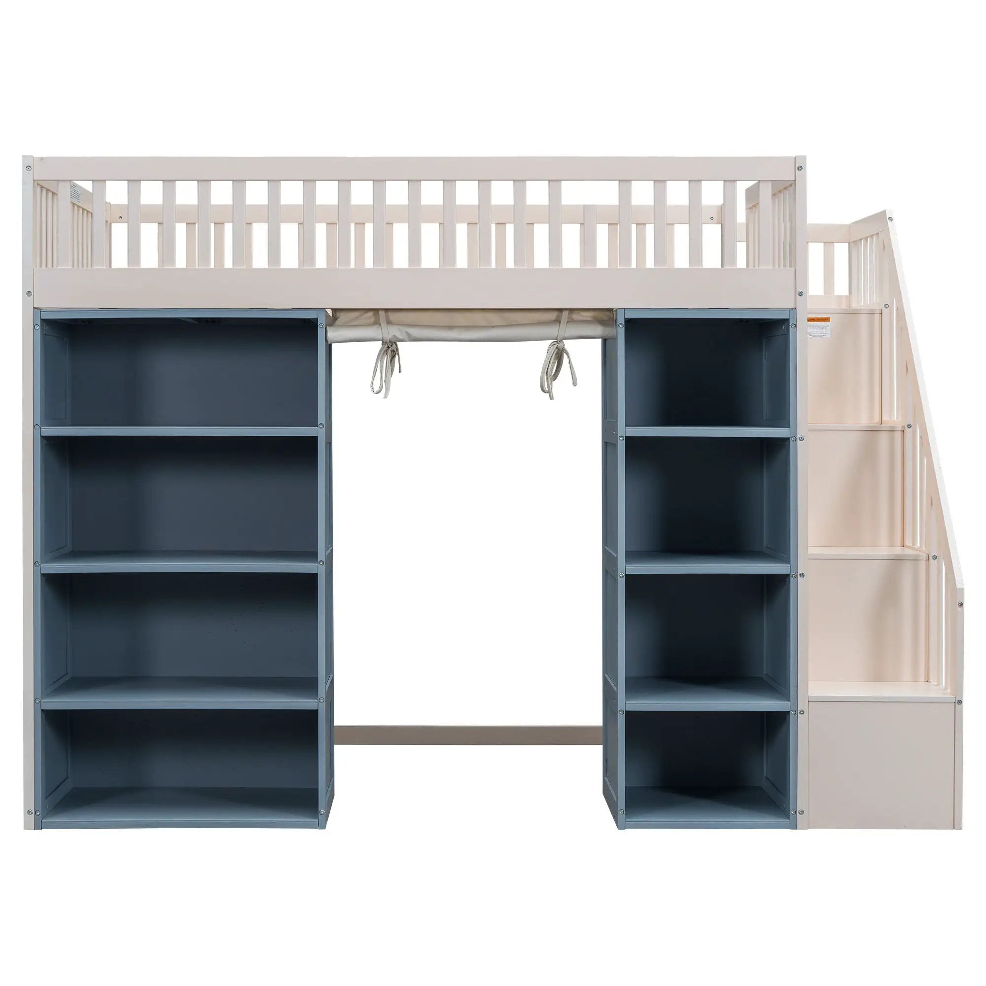 Full Size Loft Bed With 2 Four Layer Storage Cabinets And Curtain With Built In Staircase And Privacy Curtain - White by HouseOfZazla